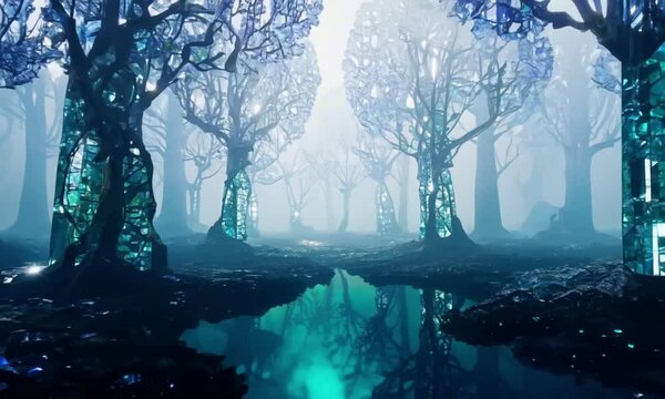 A dense forest is filled with glowing crystal trees, their branches refracting light in every direction. Mist rolls gently across the forest floor, amplifying the magical atmosphere