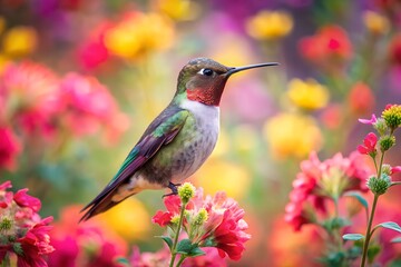 Naklejka premium A hummingbird surrounded by loose, painterly flowers.