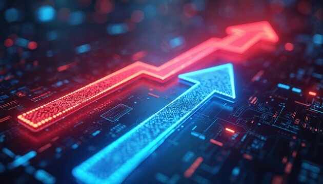Futuristic digital landscape business transformation concept. Red, blue neon arrows rise upward, illustrating growth, development, strategy, market expansion, progress. Corporate tech background with