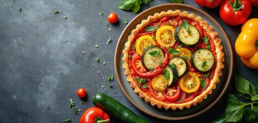 Vibrant vegetable tart on ceramic plate, stone background. Colorful vegetarian food dish. Baked savoury, fresh herbs, culinary presentation, healthy meal. Recipe for chef. Epicure closeup.