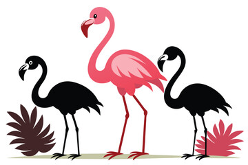 Fototapeta premium Stylized Pink Flamingo Cartoon with Two Black Flamingo Silhouette and Flora Graphics