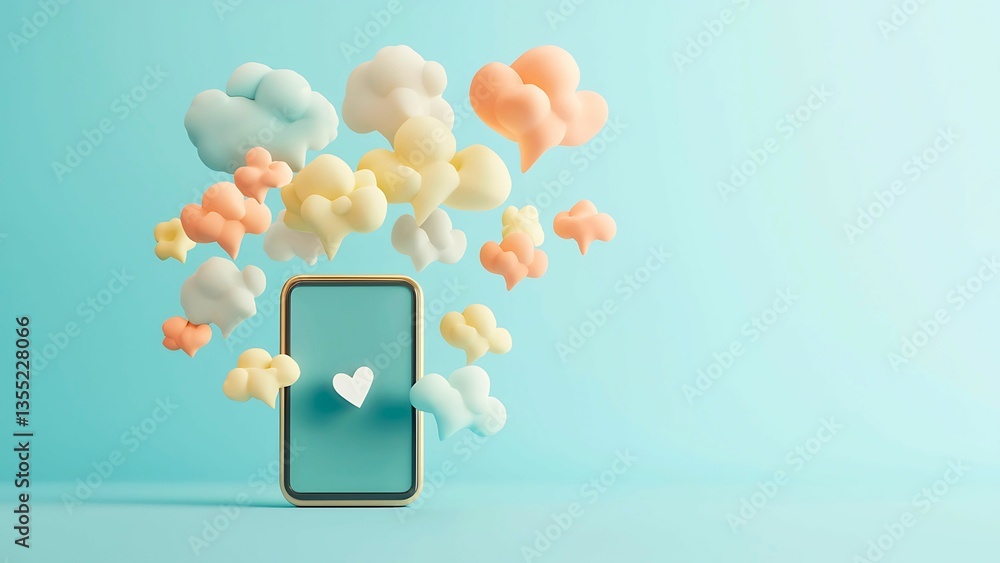 Poster a smartphone with a heart icon and cloud shapes around it.