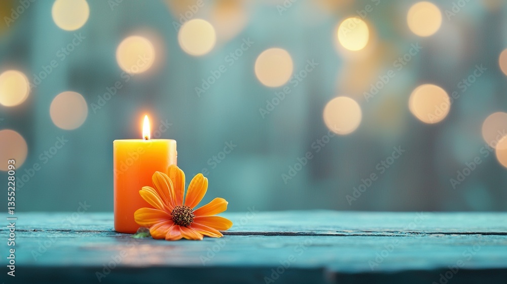 Poster close-up of a candle with a flower on a table against a blurred background of soft light