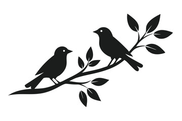Two Birds on Branch Silhouette, Leaf Foliage, Minimalist Design, Nature Inspired, Black