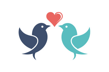 Obraz premium Two Birds Silhouette Facing Each Other with a Red Heart Above Isolated on White