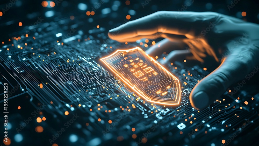 Poster hand touching a glowing shield on a circuit board representing cybersecurity.