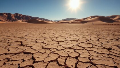 Dry Cracked Earth in a Desert Landscape Under Bright Sunlight and Blue Sky