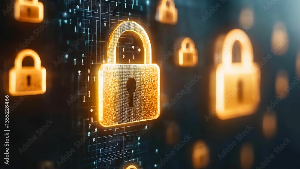 Poster padlocks of different sizes arranged on a digital background.
