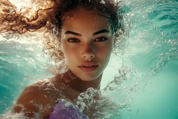 Bright &Ntilde;ommercial style. Happy stress-free retreat getaway creative. Gorgeous and hot happy mixed-race young woman in purple tight t-shirt enjoying turquoise sea, splashes around her.