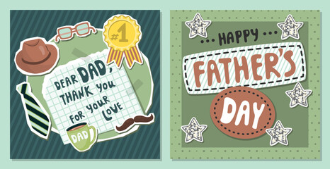 Father's Day greeting cards set with men's accessories. Hat, glasses, mustache, tie, medal number one, glitter stars and hand written. Cartoon objects with papper cut shapes. Vector festive collage.