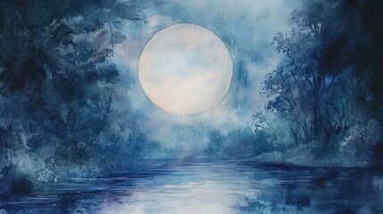Fototapeta premium Watercolor painting depicts a moonlit forest scene over a river