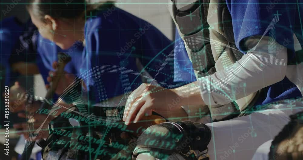 Aufkleber robotic technology and data processing animation over people working with machinery