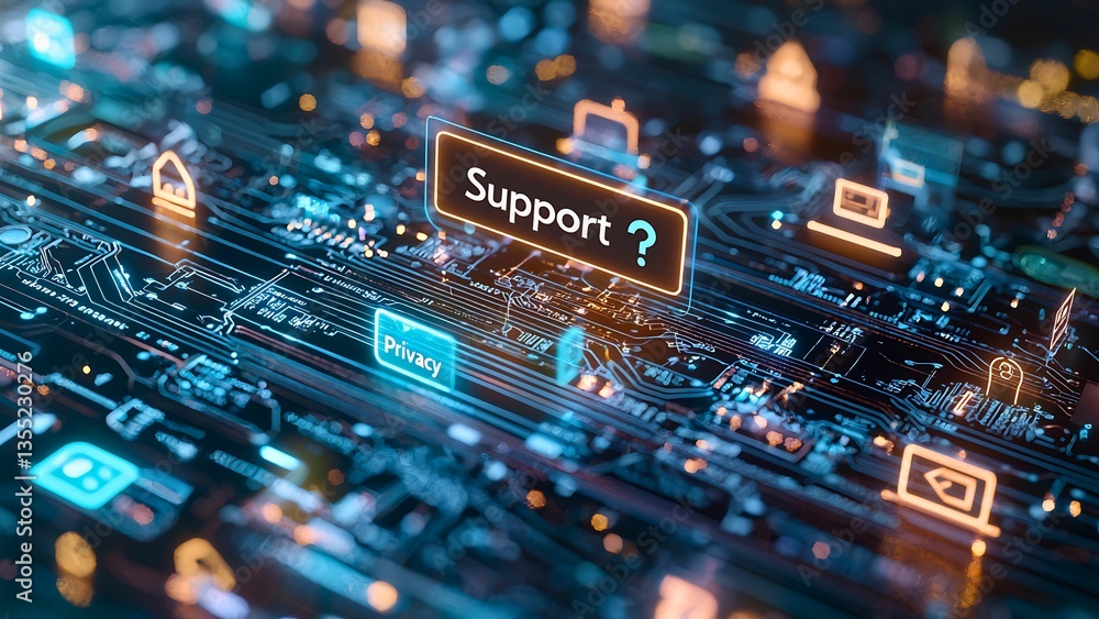 Poster close-up view of an illuminated circuit board with the word support.