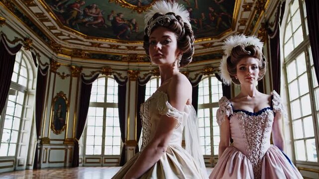 cinematic front-facing portrait of three aristocratic young women standing side by side in a richly decorated Baroque palace interior. 