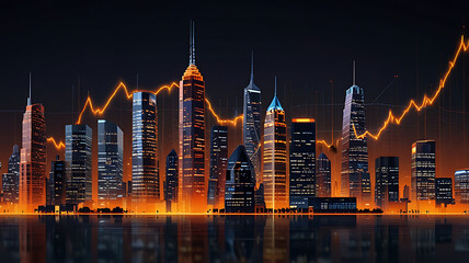 Illuminated Cityscape with Orange Hues and Rising Stock Market Trend

