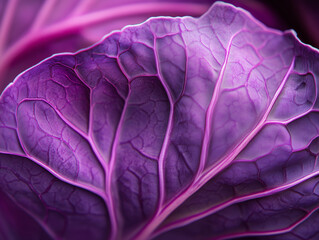 Obraz premium Close-up view of a vibrant red cabbage leaf showcasing intricate purple textures and patterns