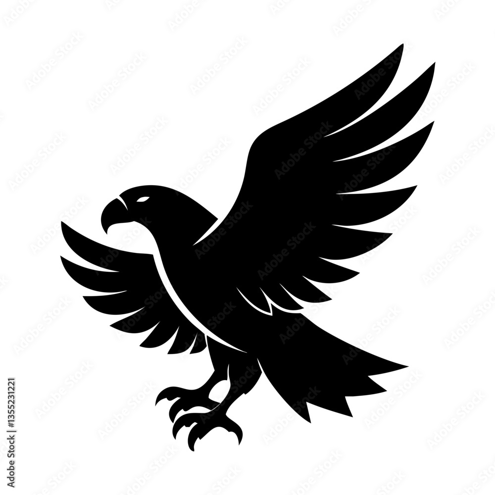 Poster a stylized silhouette of an eagle with its wings spread wide. the eagle is depicted in a dynamic pos