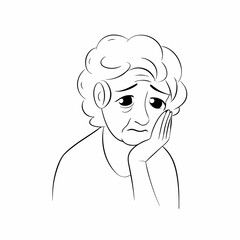 Fototapeta premium a line art drawing of an elderly woman with a sad expression, leaning her head on her hand