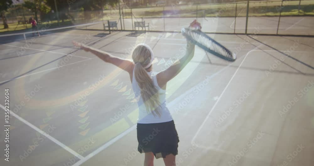 Poster serving on court, tennis player with dynamic animation graphics overlay