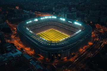 Illuminated Stadium at Night: Aerial View