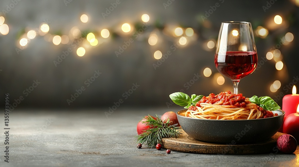 Poster a table adorned with a bowl of spaghetti and a glass of red wine, framed by a string of lights