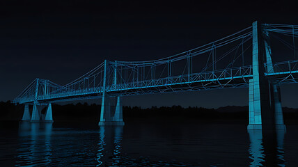Fototapeta premium Blue-Hued Bridge Illuminated at Night with Reflection on Calm River