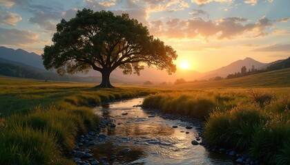 Majestic oak tree stands beside stream at sunset. Golden hour light. Green meadow. Nature landscape with mountains in background. Peaceful rural scenery, tranquil environment. Serene panorama,