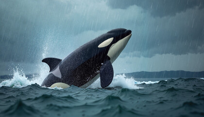 Orca breaching amidst pouring rain in a stormy ocean
