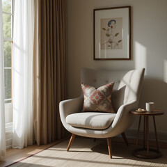 The soft natural light streaming through the window, the earthy tones of the curtains and pillow, modern armchair or sofa all create a perfect little reading nook or relaxation corner.