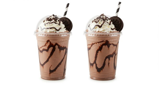 Two chocolate milkshakes with whipped cream and oreo cookies on a white background isolated view
