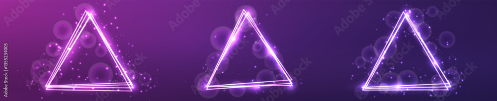 Poster neon triangular frame with shining effects and sparkles