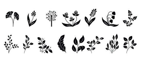 Flat icons about flowers and leaves. Floral Elements Leaves Flowers Branches. Icon set of flower, Symbol collection in transparent background.
