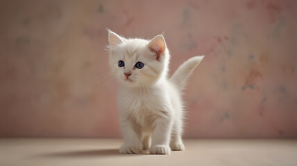 Cute White Kitten Exploring with Blue Eyes on Soft Pastel Surface

