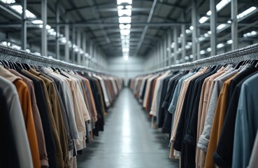 Clothes hanging on racks in warehouse. Rows of apparel ready for distribution. Garment storage for retail, wholesale, delivery. Fashion industry, clothing production, supply chain, logistics,