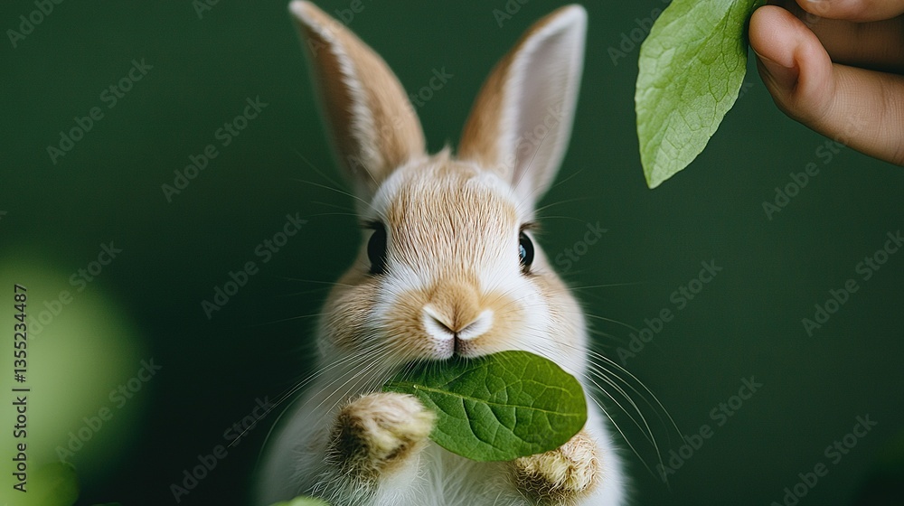 Poster a close-up of a person holding a leaf with a rabbit in the foreground and another person holding a l