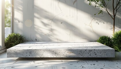 A white concrete slab with a tree in the background