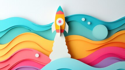 Paper cut Rocket ship launched to space. Flying cosmos shuttle taking off with colorful fire. Business booster, startup, future, aim concept. illustration on white background