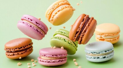 Floating Colorful Macarons on Pastel Green Background