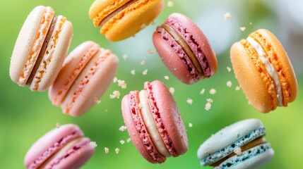 Obraz premium Floating Pastel Macarons Against Green Blurred Background