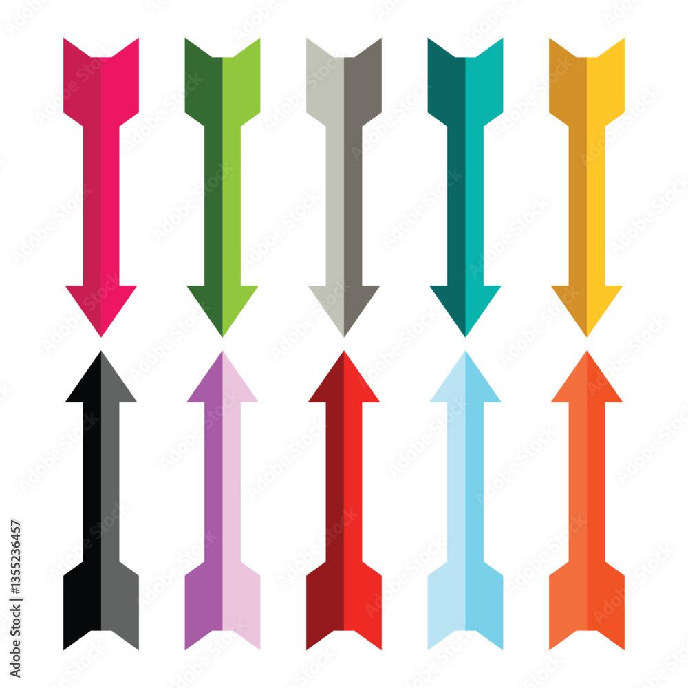 Poster single headed long 3d arrow icon set. arrow indicated the direction symbol. multi colored single hea