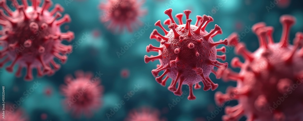 Poster Close-up view of virus cells with spikes under microscope. Research in laboratory setting, study of viral structure, features. Microbiology, virology, biotechnology research on disease, pandemic.