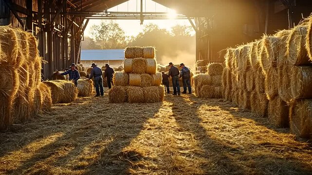 Farmers working together to stack hay bales in a sunlit barn during harvest season