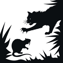 Vector Silhouette of a Cat Fighting with a Rat &ndash; Black and White Graphic Illustration of a Feline and Rodent in Combat Pose, Animal Conflict Artwork Design"