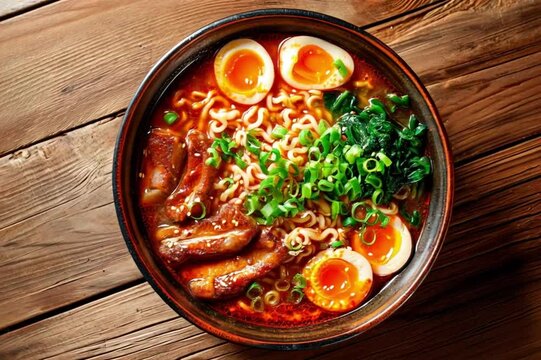 Bowl of ramen on an old wooden table. Top view.