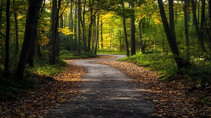 Obraz premium Winding Path Through the Woods: An inviting asphalt path meanders through a dense, sun-dappled forest, creating a sense of mystery and beckoning the viewer to explore. 