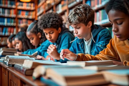 Group of students studying with books in university library