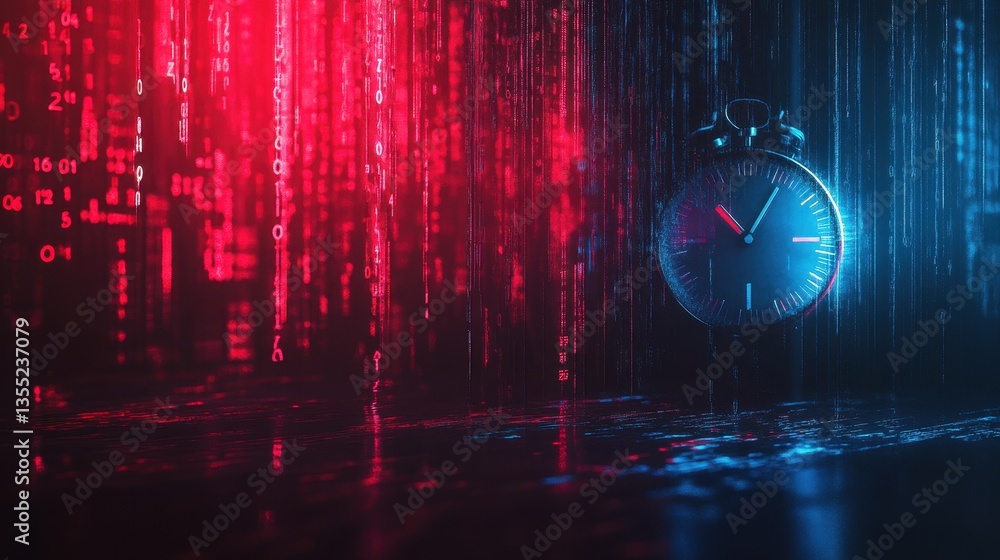 Aufkleber time flies in cyberspace digital clock and data stream.