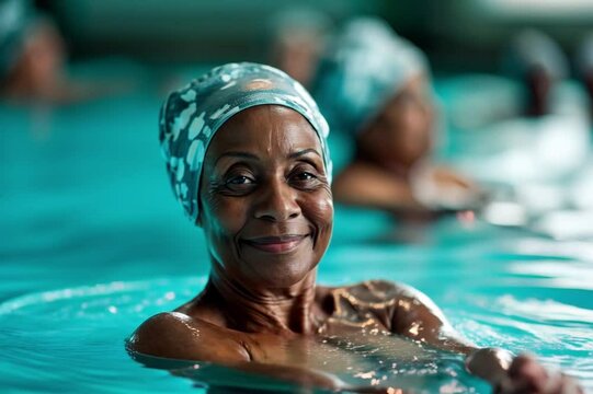 Senior African American woman in a swimming pool