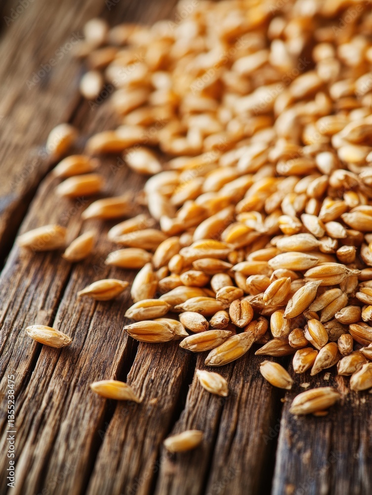 Poster golden wheat grains scattered on rustic wooden table with warm reflections and soft lighting creatin