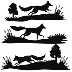 Set consistent running fox silhouette black color vector 